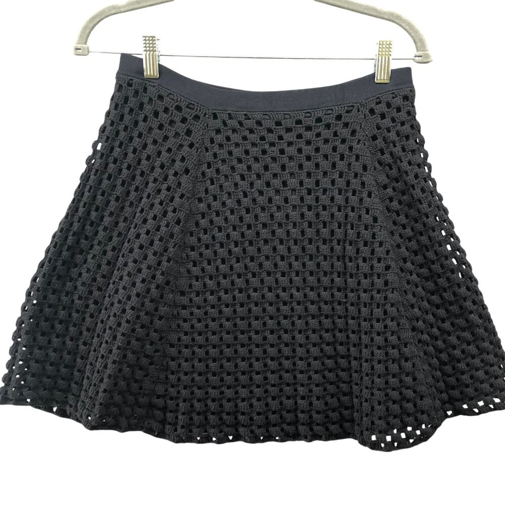 Theory Rortie B Mini Skirt Womens S Black Open Knit Lined Black Pull On Memorize